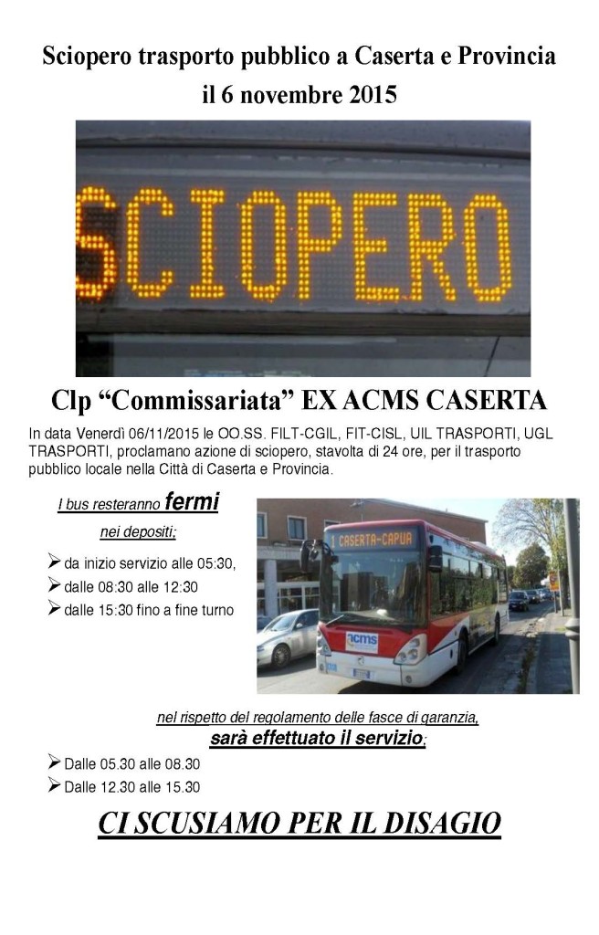 6 nov 2015 24h Sciopero trasporto pubblico a Caserta e Provincia